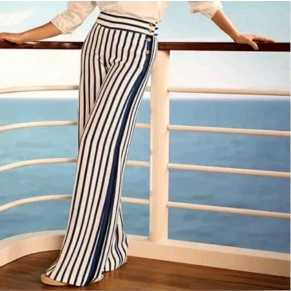 Lauren Ralph Lauren Navy and White Vertical Stripe Wide Leg Pants